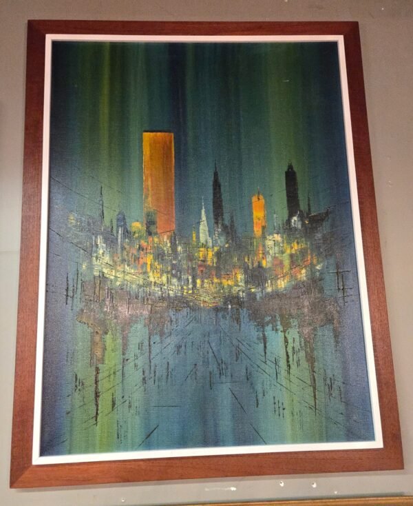 Framed abstract cityscape painting with green and blue hues, featuring golden highlights of skyscrapers, displayed on a gallery wall.