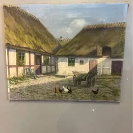 Charming mid-century Danish oil painting depicting a lively farm scene with chickens.