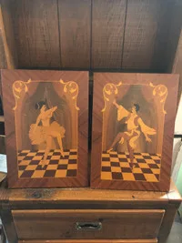 Antique inlaid Italian dancer wall plaques